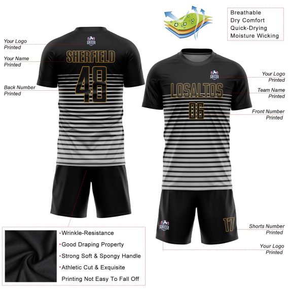 Custom Black Black Old Gold Sublimation Soccer Uniform Jersey Flysoccer